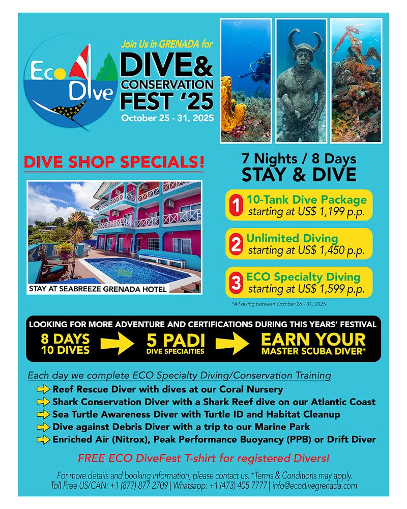 Dive & Stay in beautiful Grenada with Eco Dive and SeaBreeze Hotel Dive & Conservation Fest 2025 Dive & Stay with Eco Dive and SeaBreeze Hotel in Pure Grenada book direct