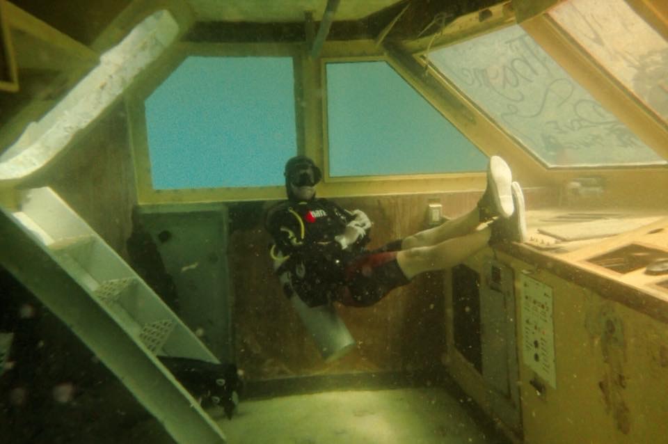 Bridge of the MV Tyrrel Bay, the divers’ view Diver inside the bridge of MV Tyrrel Bay after her controlled sinking in Sept 2018 before Dive Fest. Diving with Eco Dive.