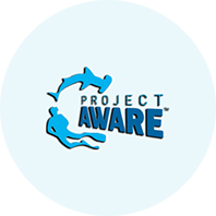 Project Aware logo on a white background, symbolizing the initiative for eco diving in Grenada. AWARE 100%