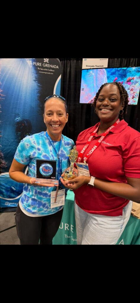 Eco Dive's PADI Outstanding Ocean Conservation Award and Grenada Tourism Authority's Shanai with our Scuba Diver Reader's Choice Award yay DEMA 2025